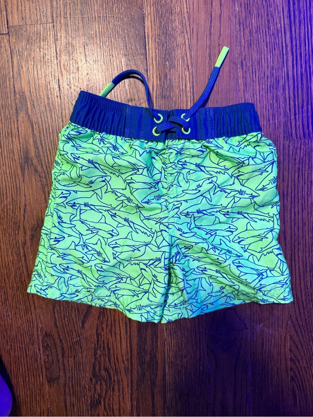 Neon Green Shark-Print Kids Swim Trunks with Navy Waistband